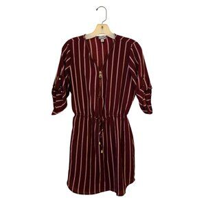 Justify Burgundy Striped Zip-Up Dress With Drawstring Waist & Roll-Up Sleeves Sm